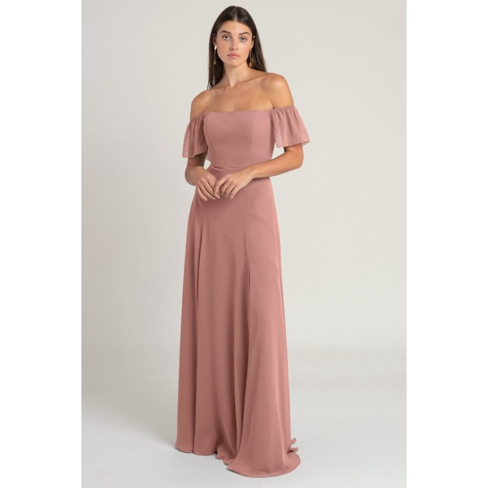 Jenny Yoo Elsie Clay Floor length dress with off shoulder flutter sleeve